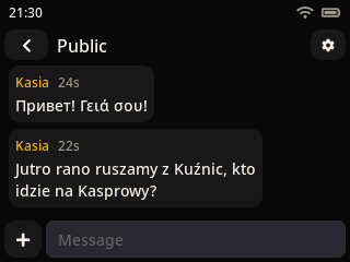 The Public channel on a color touch screen, with messages in Polish, Russian and Greek