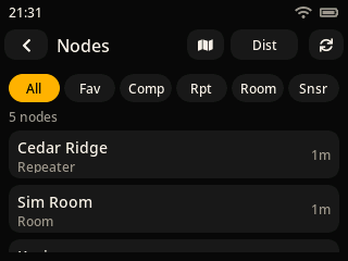 The node list on a color touch screen
